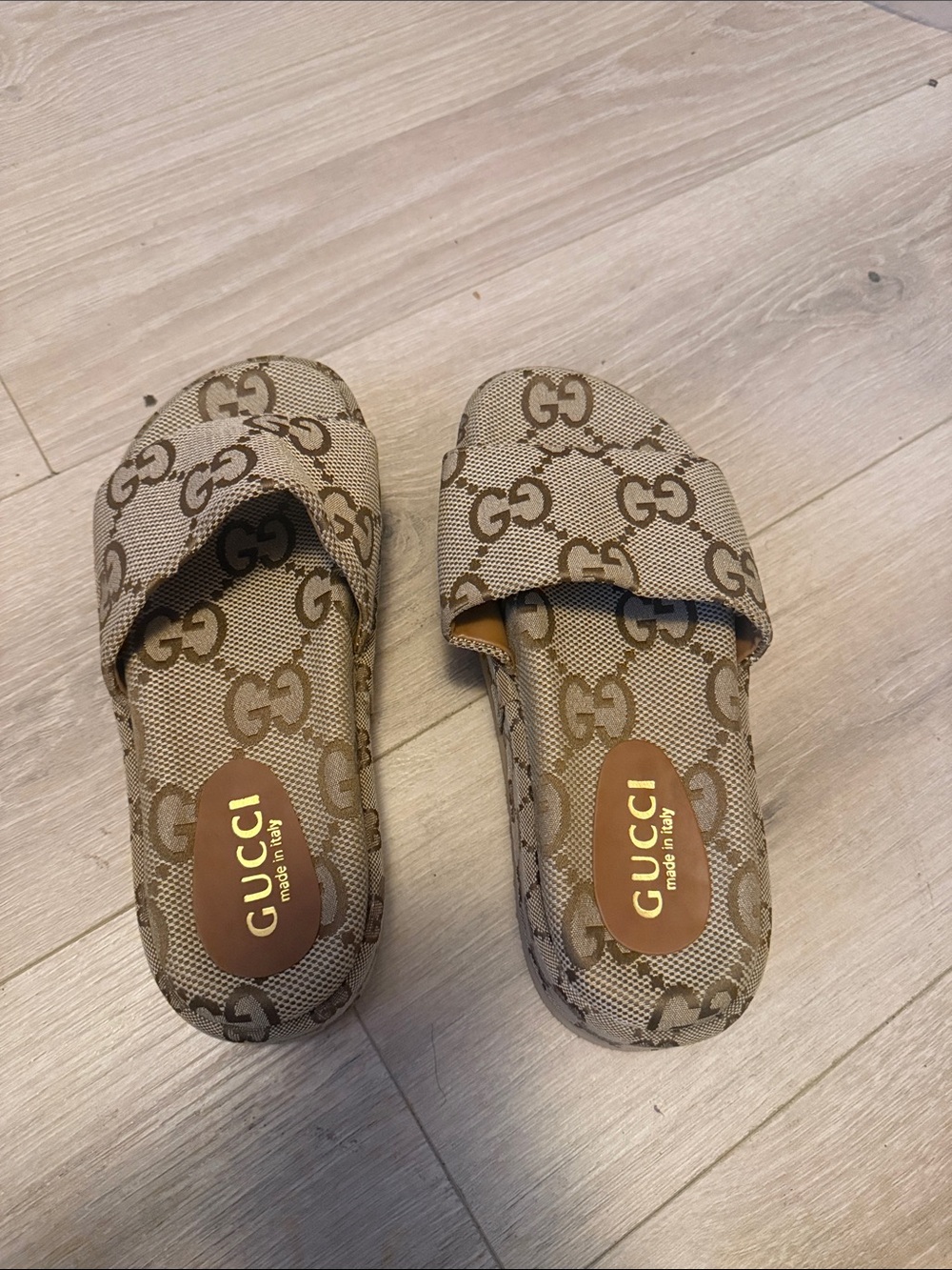 Gucci Beige Brown GG Monogram Slide Sandals